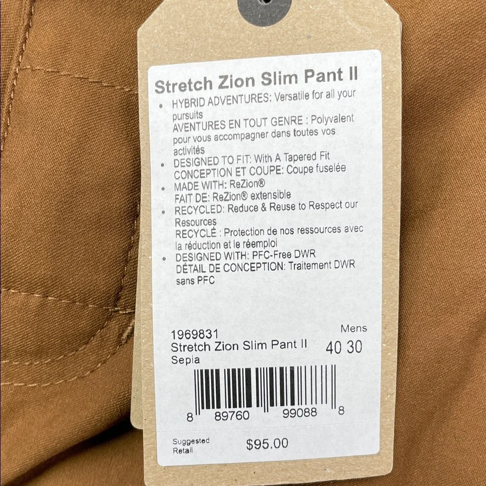 NEW Prana 40/30 Stretch Zion Slim Pant‎ II Men's Sepia Brown Hiking Outdoors